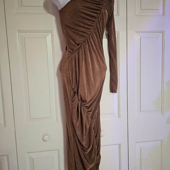 Prettylittlething Maternity Chocolate Ruched Seam Detail Acetate Slinky Dress S - Picture 2 of 5